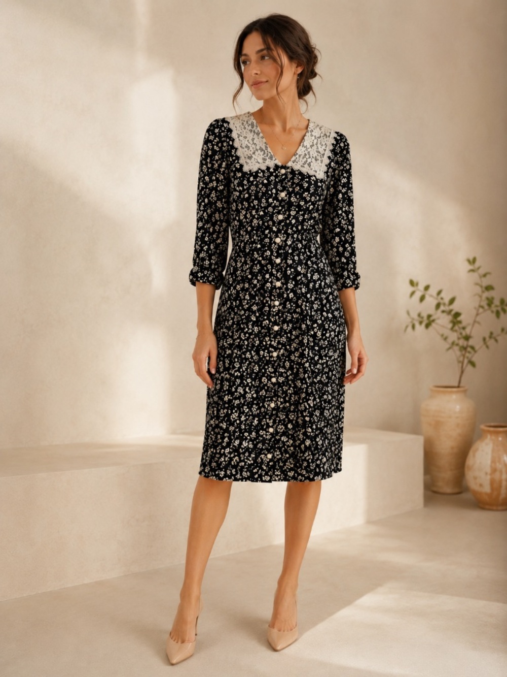 Vintage By Choice Black Floral Lace Collar Midi Dress Cottagecore Prairie Size 5